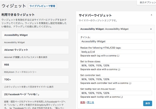 Accessibility Widget設定画面